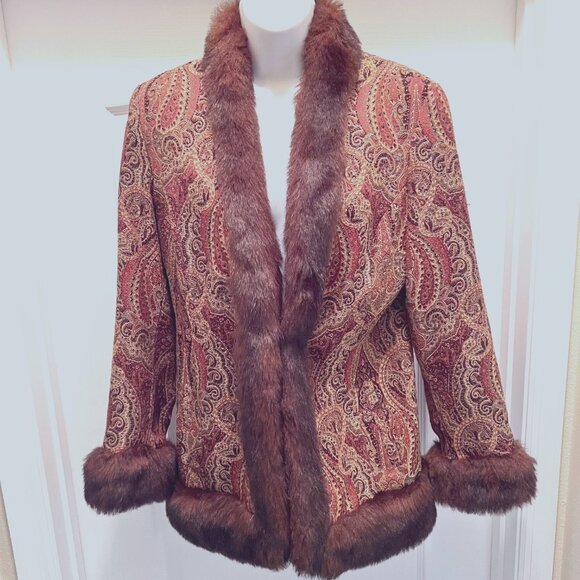 Newport News-Vintage Paisley Print Faux Fur Coat/Jacket-Hook Closure-Pockets-10 - Picture 2 of 16